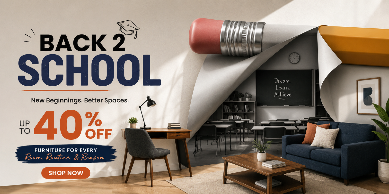 A pencil peels back the corner of reality, revealing a luxury living room behind a classroom