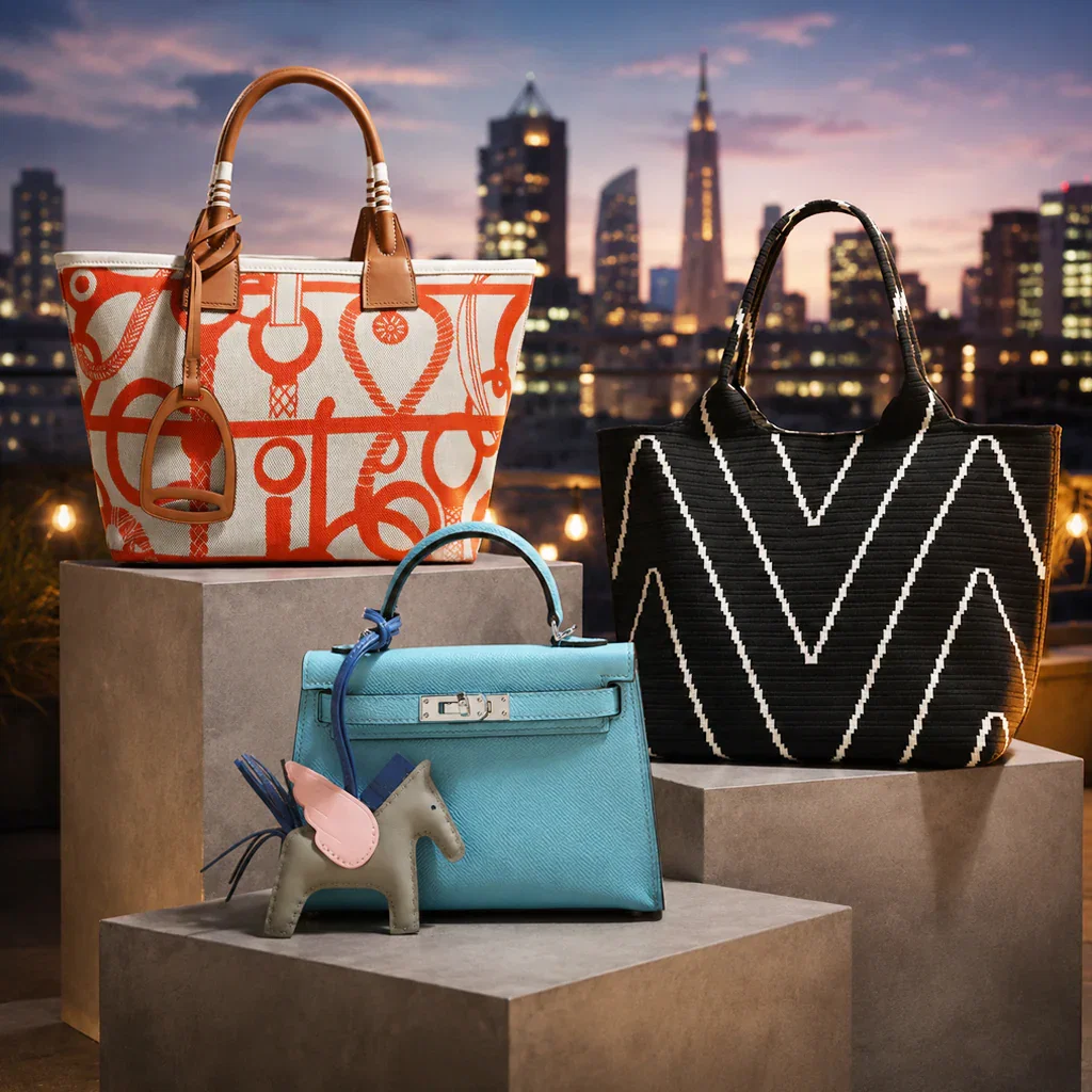 Three designer handbags displayed on stone pedestals against a New York City skyline backdrop for Trendy Bags by Cilela collection.
