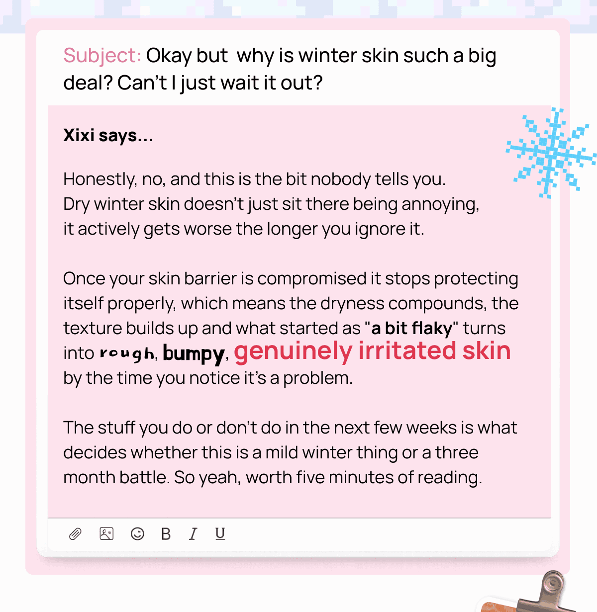 Email-style card answering why winter skin gets worse if ignored, with skin barrier explanation