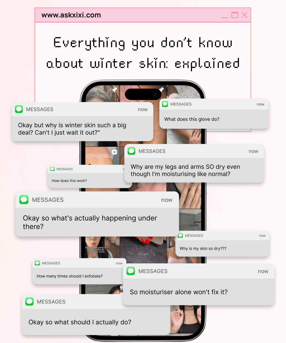 Phone screen with multiple message bubbles asking winter skin questions about dryness and exfoliation