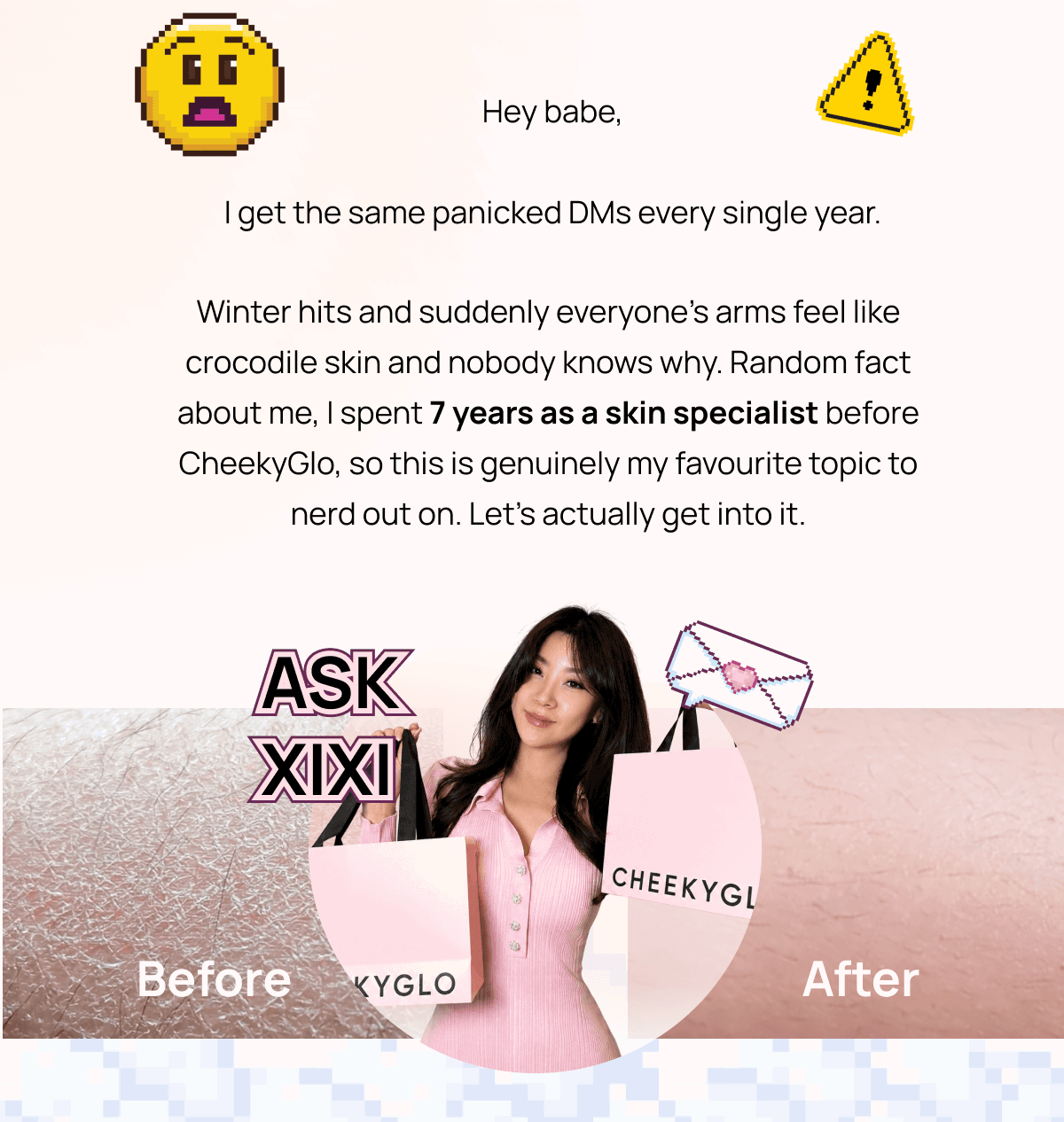 Xixi holding CheekyGlo shopping bags with a before and after dry skin comparison background