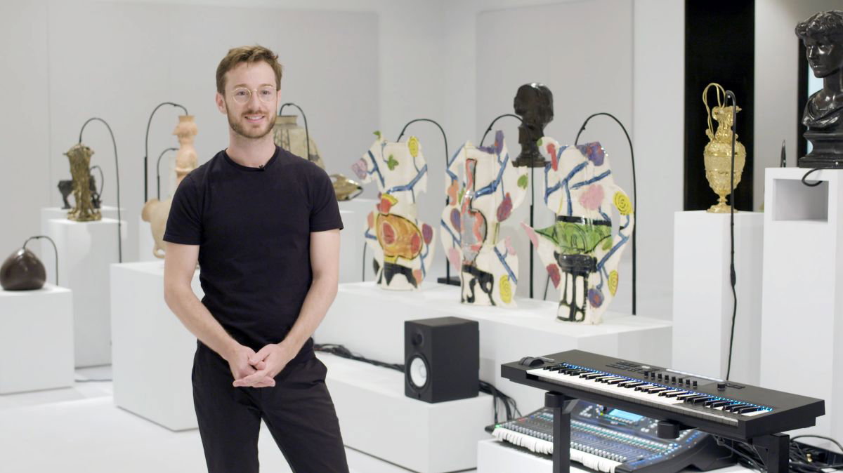 Artist Oliver Beer with an installation view from Vessel Orchestra (2019)