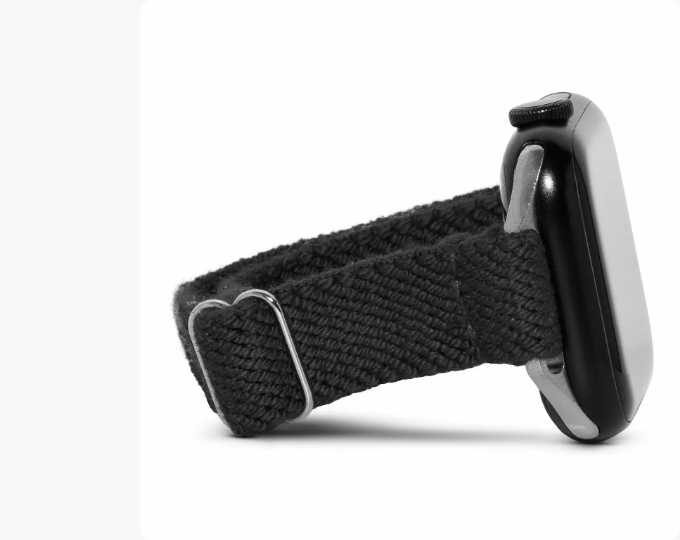 Close-up of a black slim watch band on an Apple Watch.