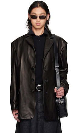 Black Oversized Tailored Leather Suit Jacket - LU'U DAN