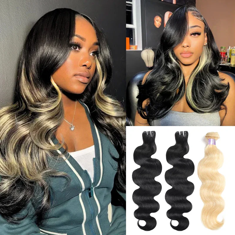 [New Trend] Black Hair With Blonde Peekaboo Highlights Body Wave Human Hair Bundles