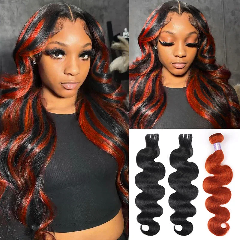[New Trend] Peekaboo Black Hair With Ginger Orange Two Tones Ombre Color Body Wave Human Hair Bundles