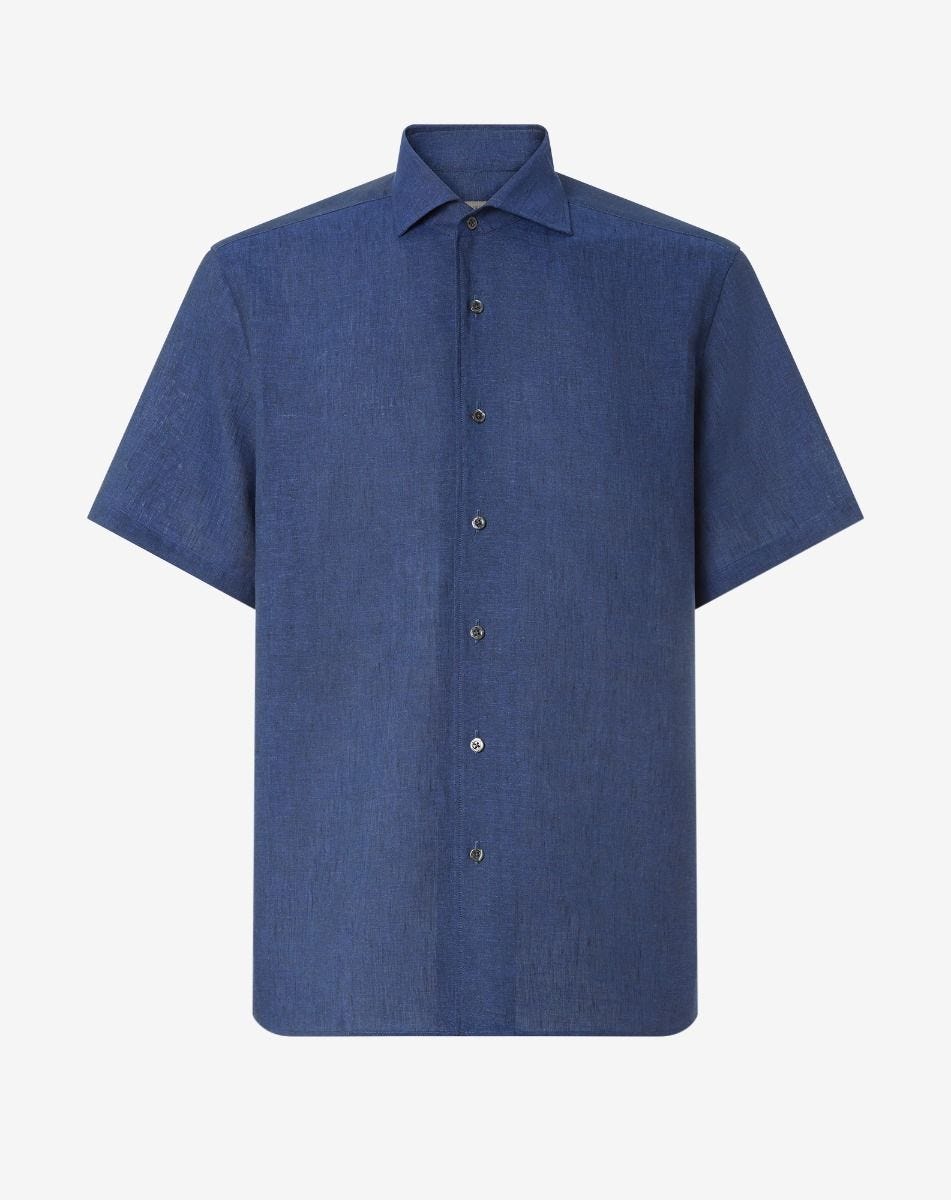 Camicia blu navy in lino chambray