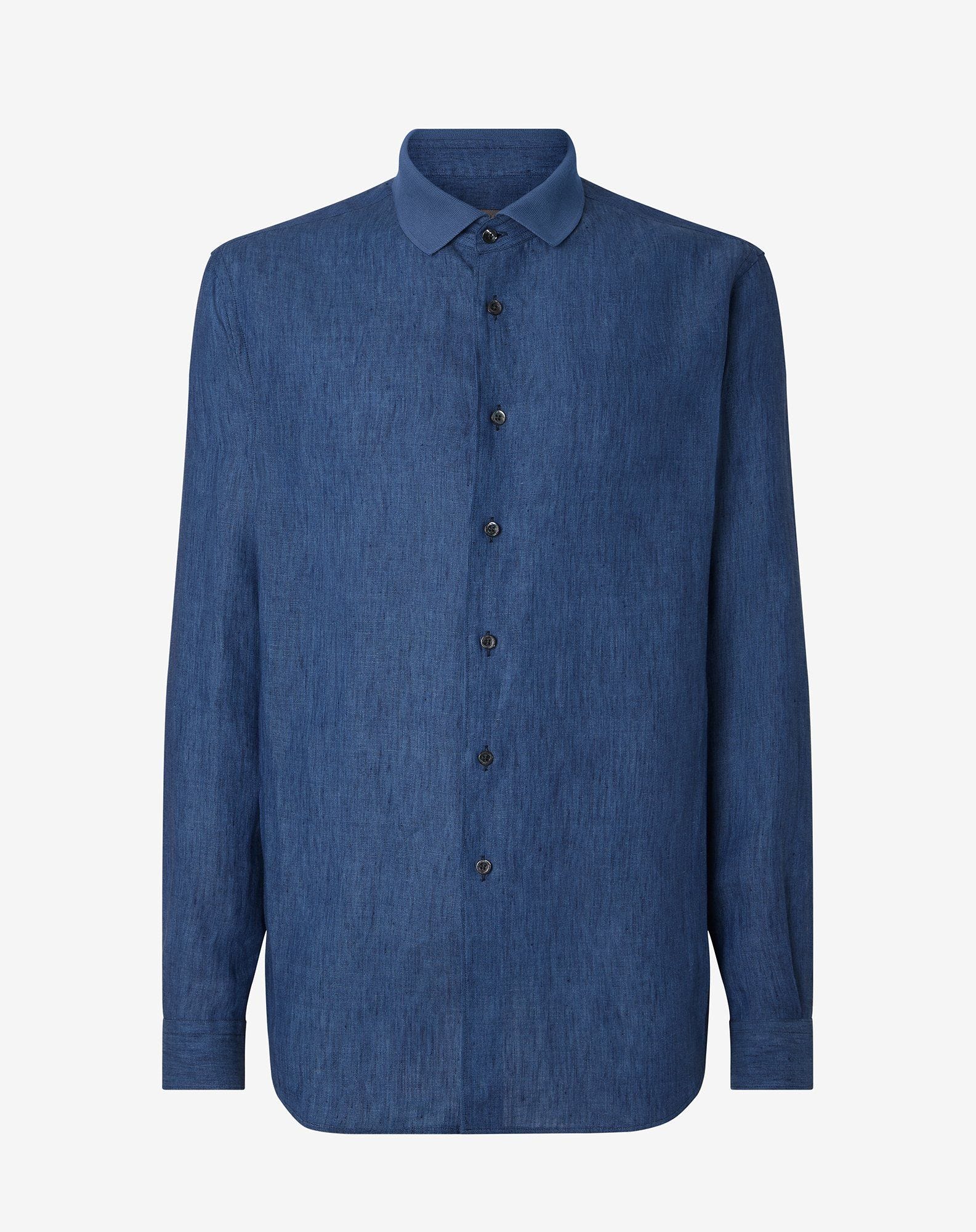 Camicia blu denim in puro lino