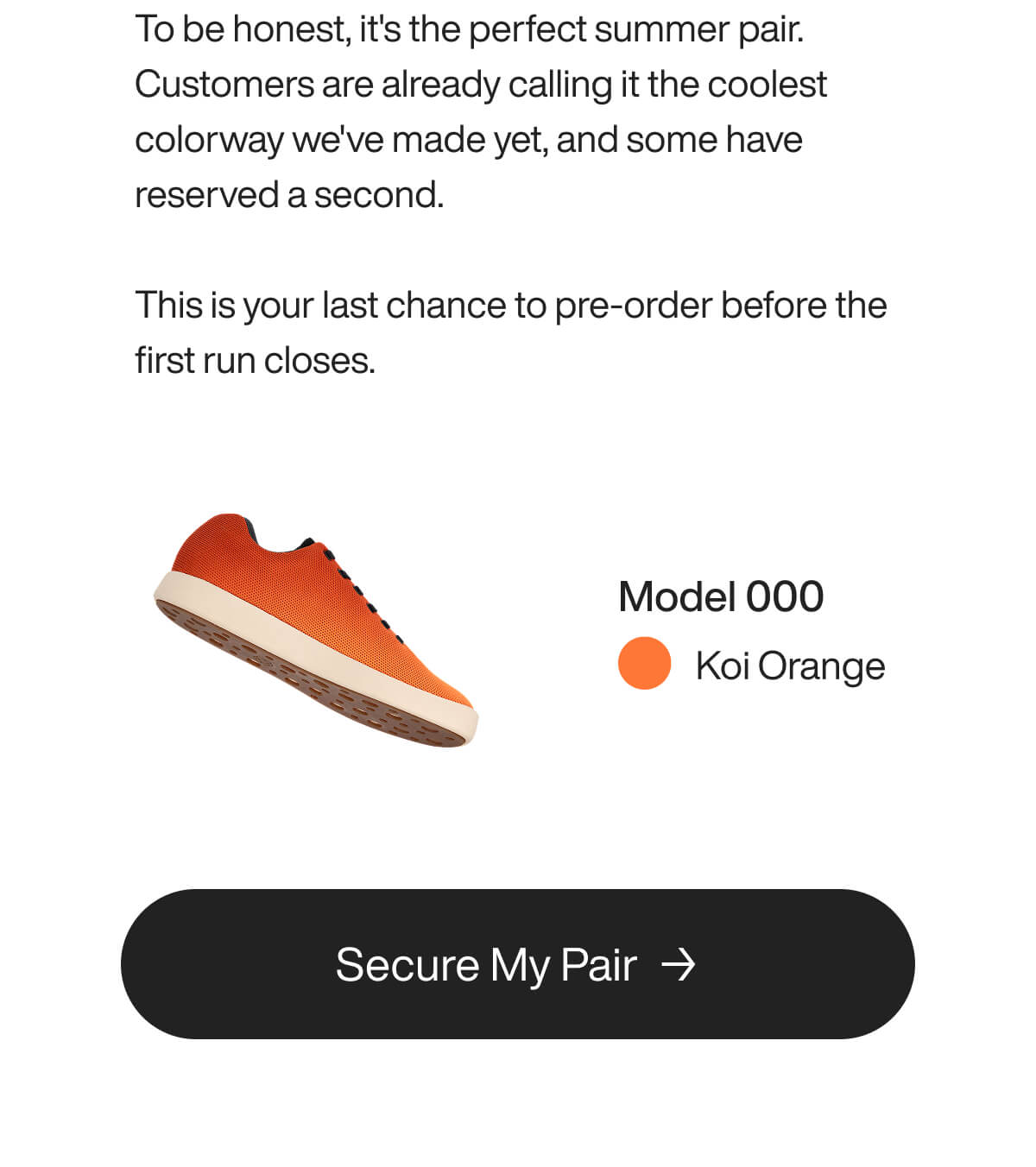 "Koi Orange sneaker, Model 000, on white background with pre-order button. Text highlights summer style and limited availability."