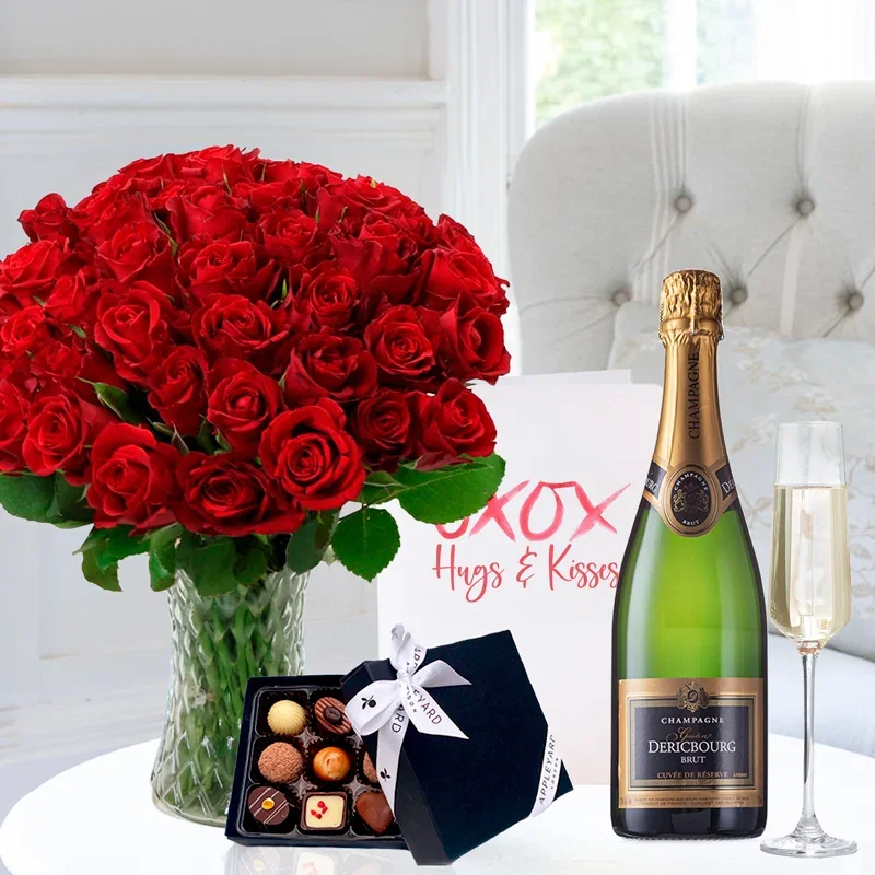 Image of 50 Red Roses, Dericbourg Champagne, Box of 9 Chocolates & Romance Card