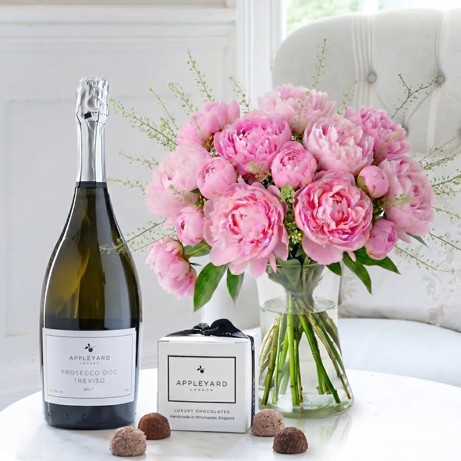 Image of Pink Peonies, Prosecco & 6 Mixed Truffles