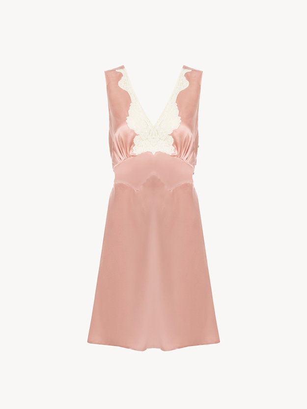 Sleeveless mini dress in washed silk satin & lace