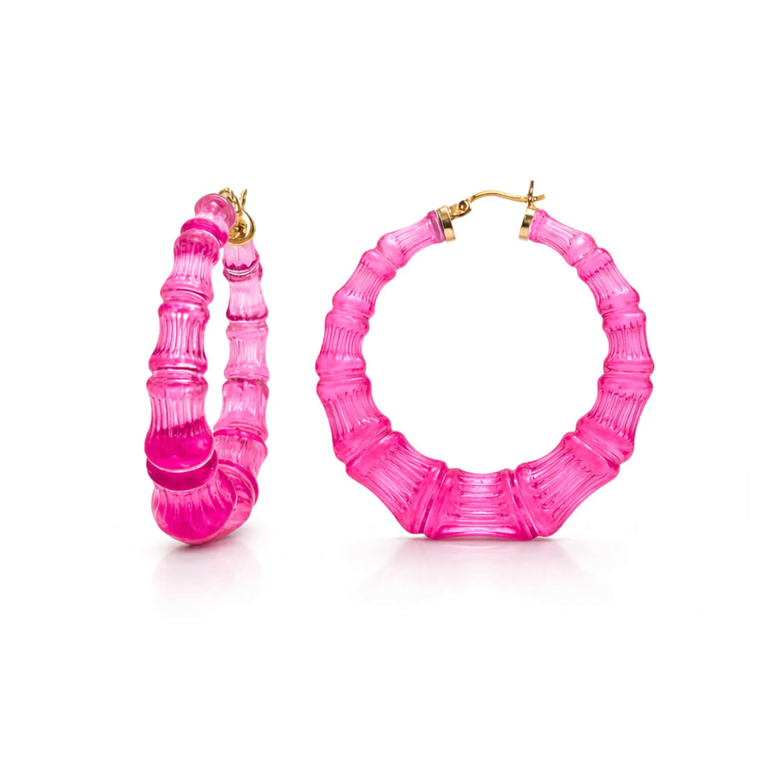 Image of Electric Pink Lucite Bamboo Hoop Earrings