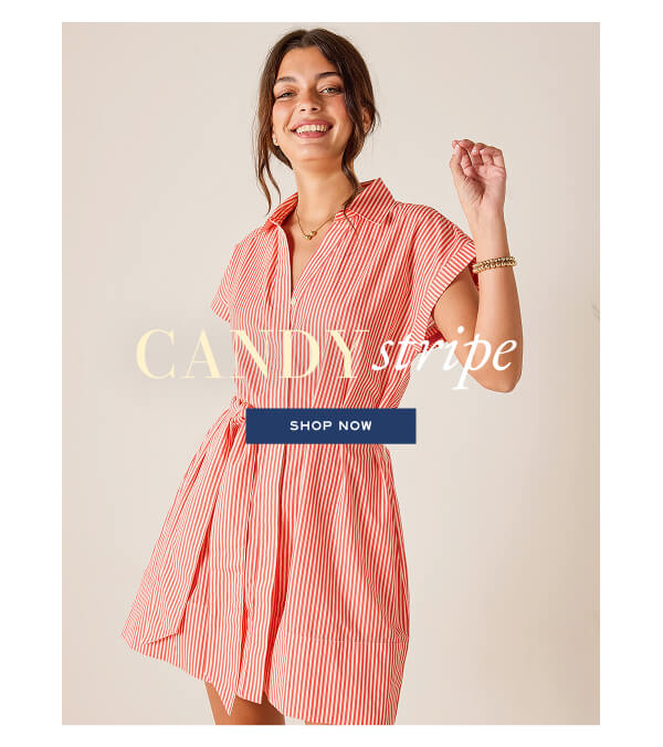 Candy Stripe - Shop now - Image of a woman wearing a red striped button up short sleeve dress