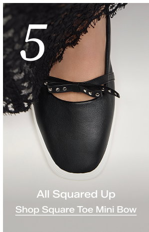 The fifth sneakerina in the roundup is the Square Toe Mini Bow Leather flat in black. It is shown from the top down, on foot paired with a black lace maxi skirt. Corresponding text says All Squared Up. Shop Square Toe Mini Bow.