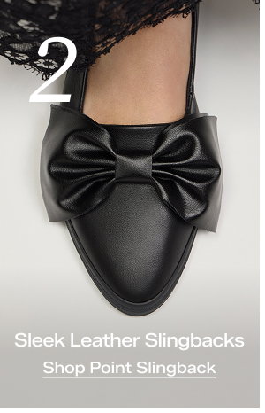 The second sneakerina in the roundup is the Point Slingback Leather Bow flats in black. It is shown from the top down, on foot paired with a black lace maxi skirt. Corresponding text says Sleek Leather Slingbacks. Shop Point Slingback.