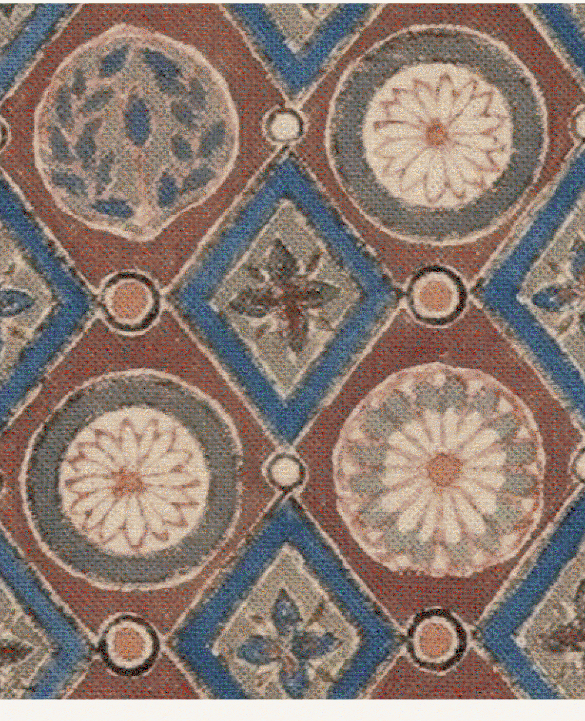 Close-up of a decorative geometric pattern featuring alternating diamond and circular motifs with stylized floral and botanical designs in muted terracotta, blue, cream, and gray tones, creating a vintage, tile-inspired aesthetic.