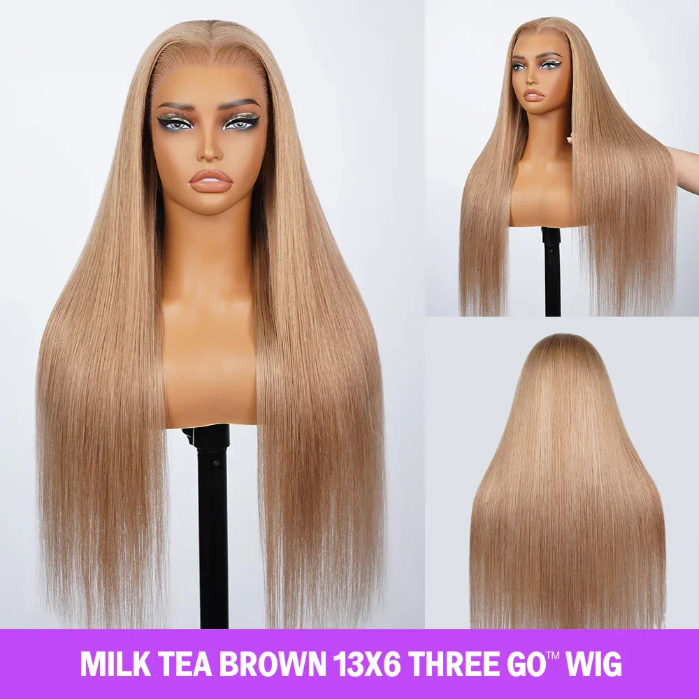 Special offer |18inch=$167.00 Megalook 13x6 Three-Go™ Milk Tea Brown Glueless Wigs Silky Straight with Drawstring 100% Human Hair Wig