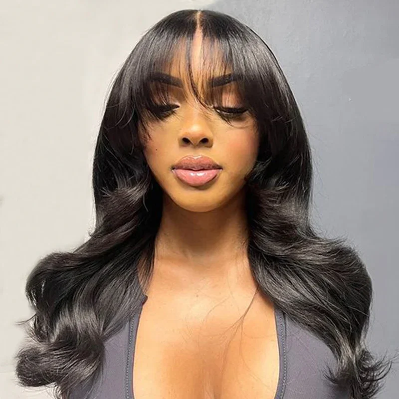 Special offer |20inch=$159.94 Megalook 13x6 Three-Go™ Glueless Body Wave Wig With Bangs With Drawstring Natural Black 100% Human Hair Wig