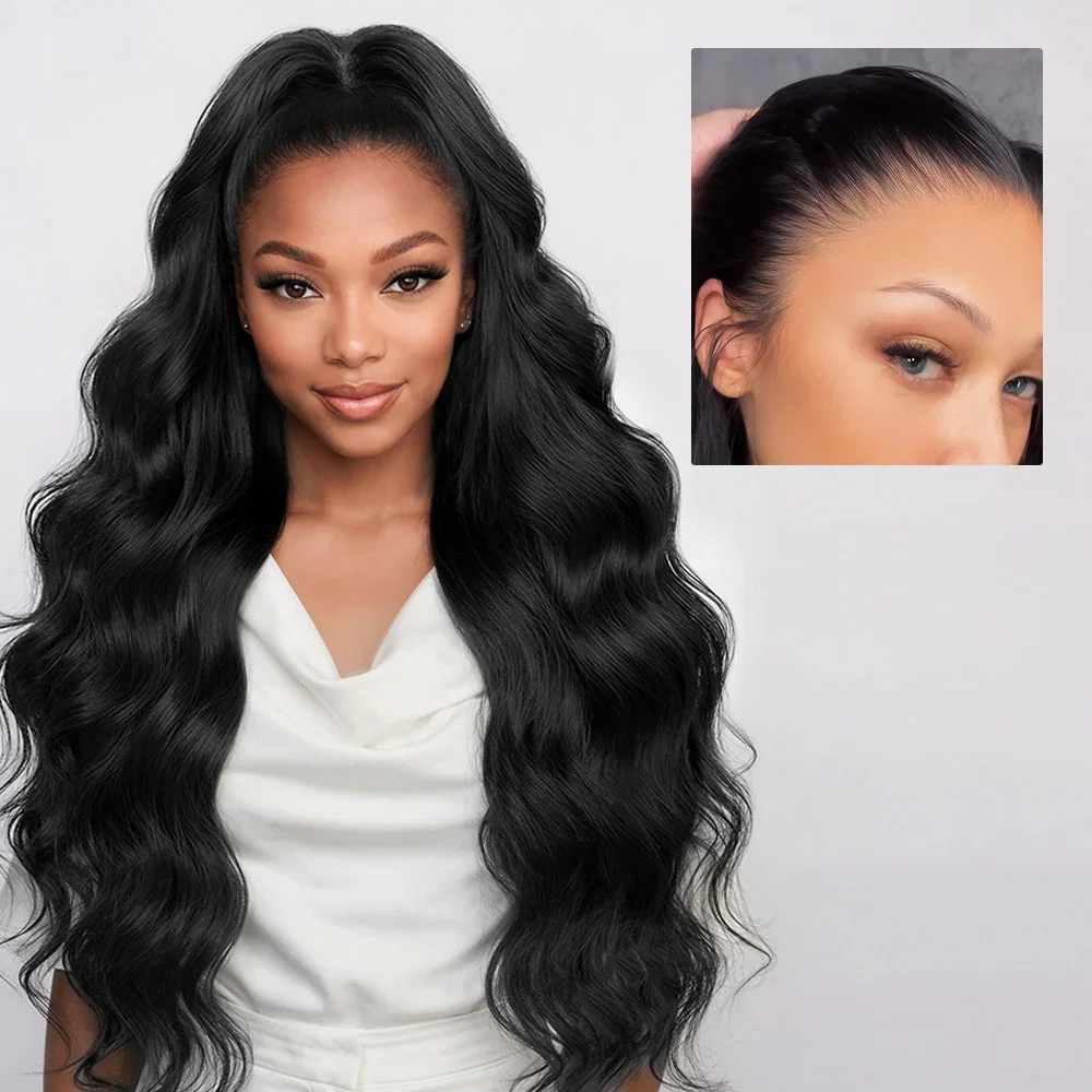Megalook 13x6 Three-Go™ Glueless Body Wave Wig With Drawstring Natural Black 100% Human Hair Wig - Transparent Lace / 180% / 20 inch