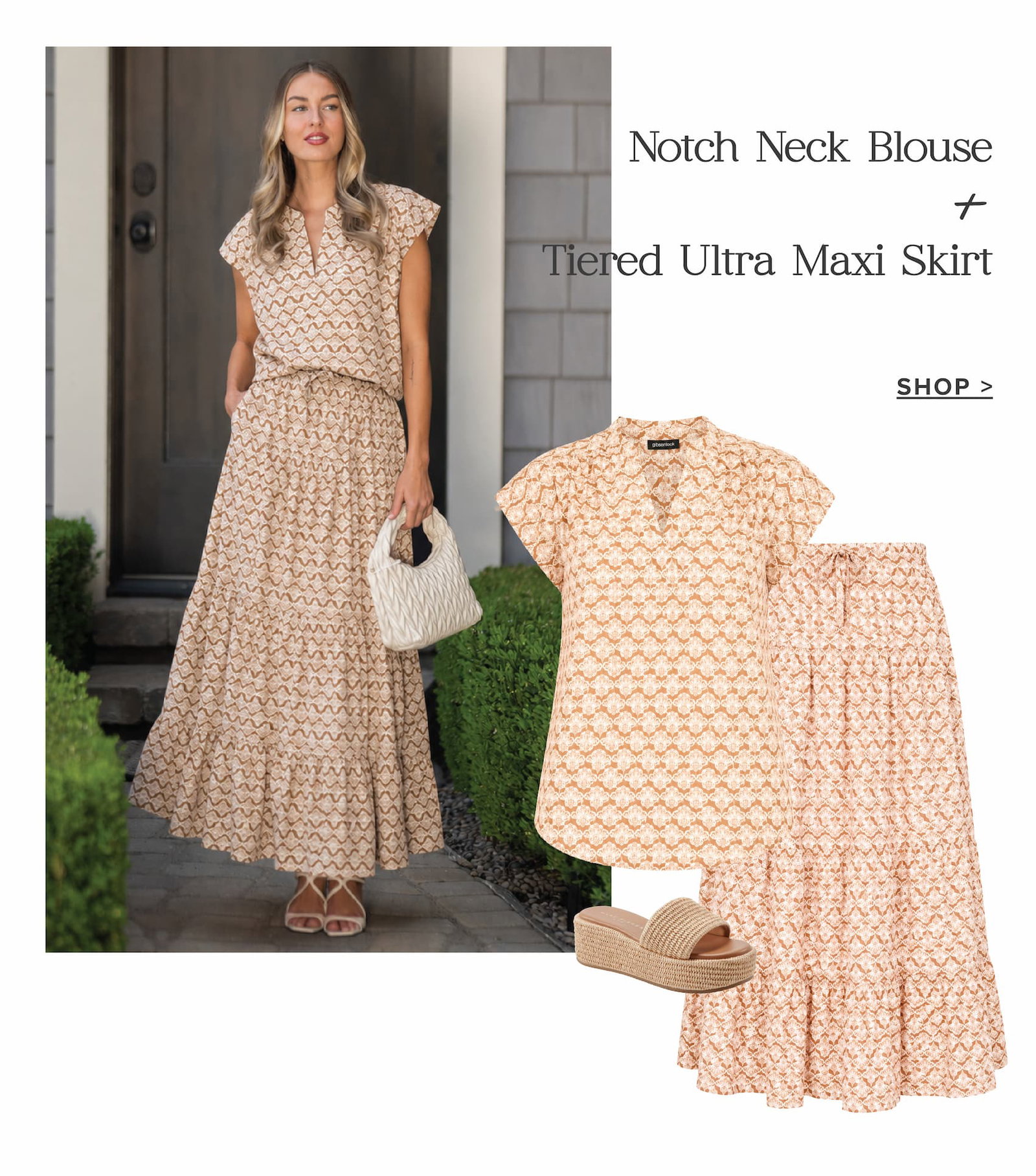 Notch neck blouse + tiered ultra maxi skirt