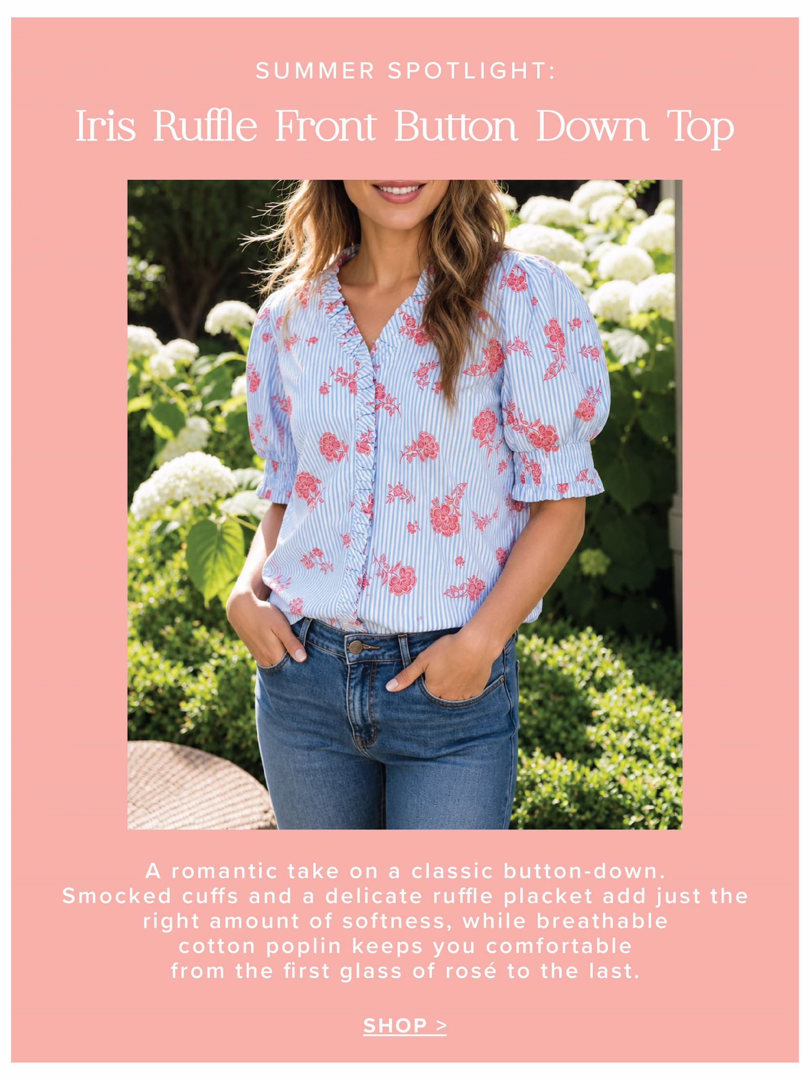 Iris Ruffle Front Button Down Top