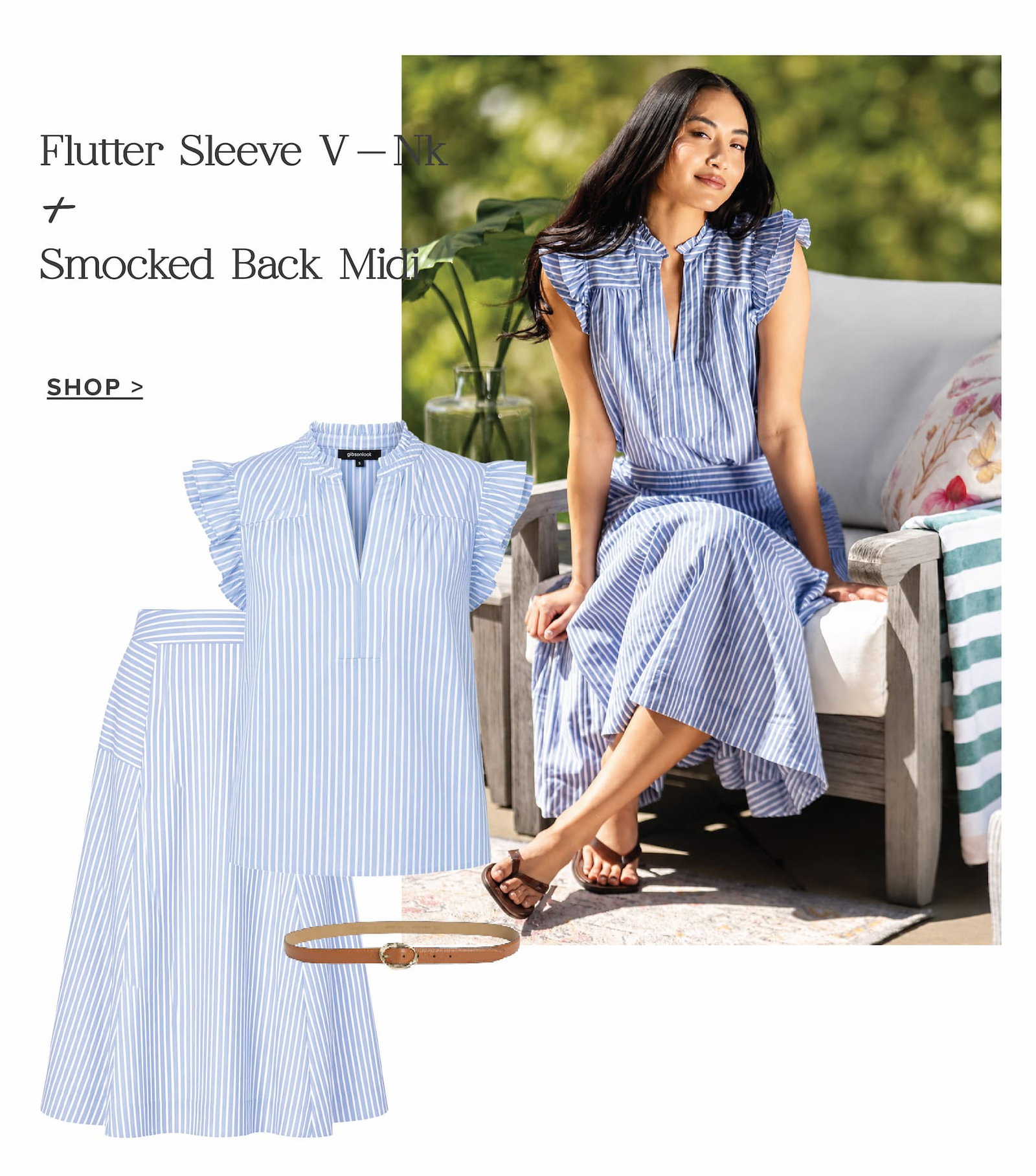 Flutter Sleeve V-neck + smocked back midi skirt