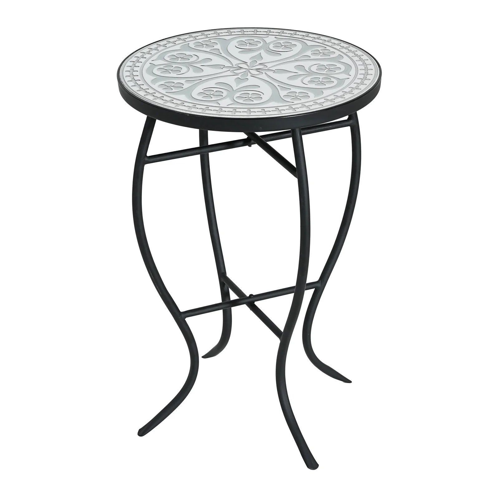 Image of Outdoor Round Side Table with Mosaic-Style Top and Curved Iron Legs, Grey and Matte Black