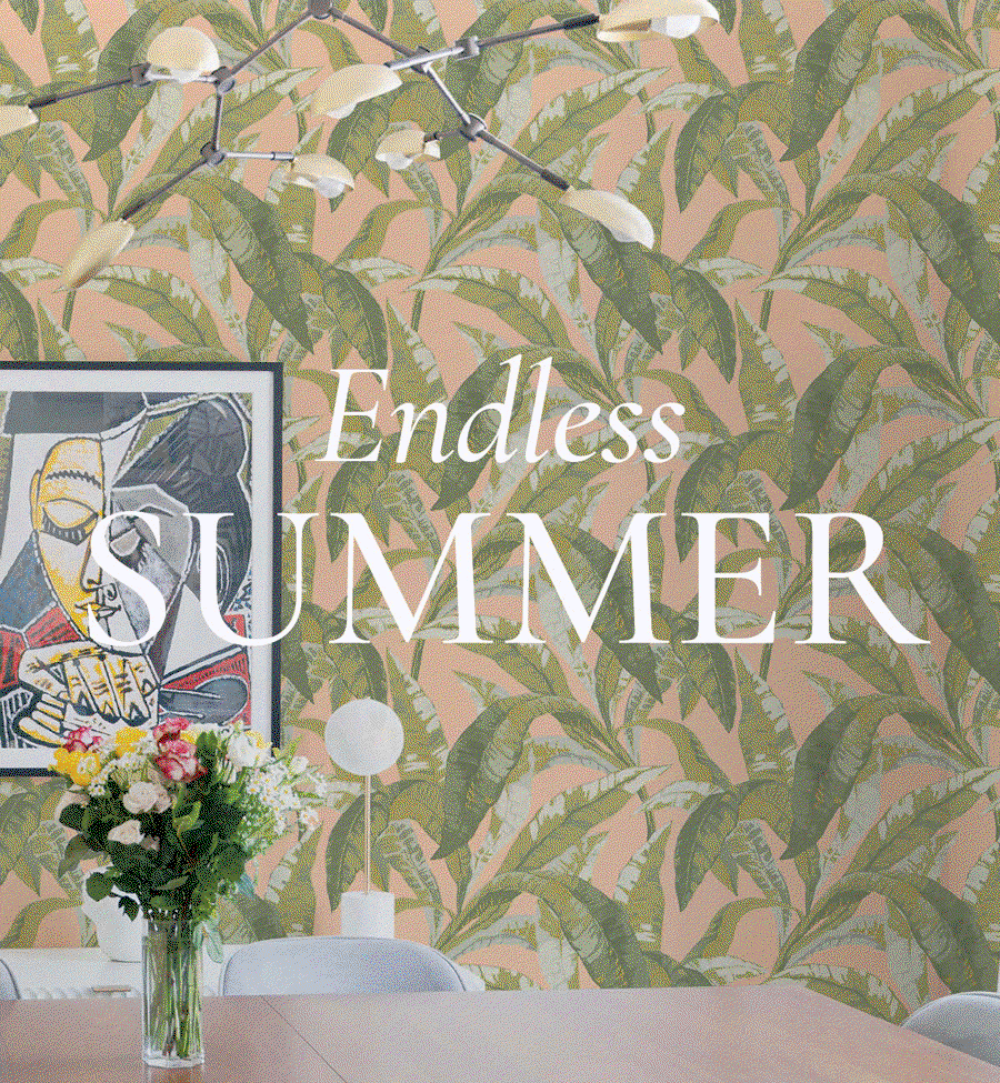 Gif image showing summer wallpaper prints in different rooms. Text overlay "Endless Summer"