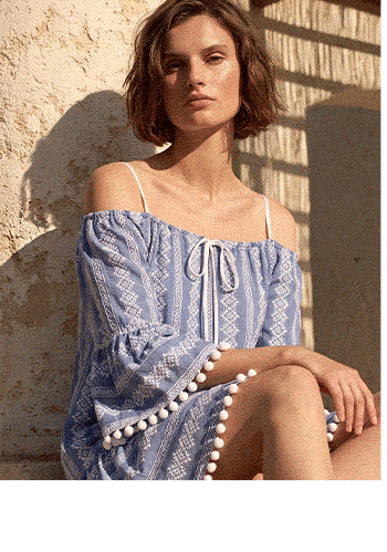 Blue and White Off the Shoulder Embroidered Dress with Thin Shoulder Straps