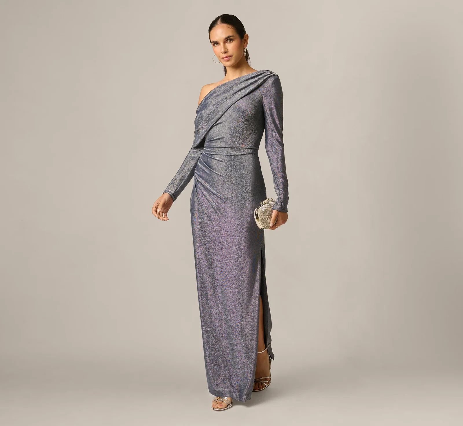 Image of Long Sleeve One Shoulder Draped Metallic Gown In Midnight Blue