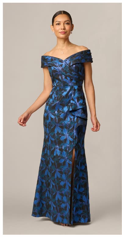Off Shoulder Jacquard Gown In Blue Multi