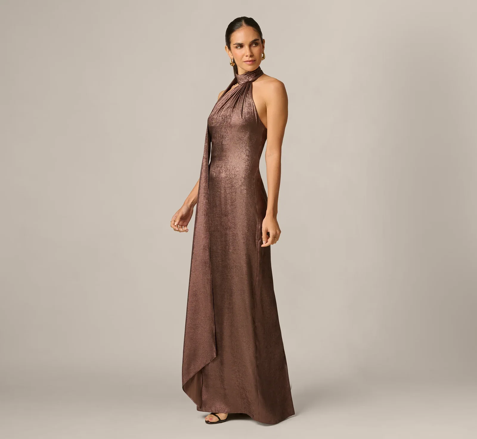Image of Foiled Chiffon Asymmetrical Halter Scarf Gown In Espresso