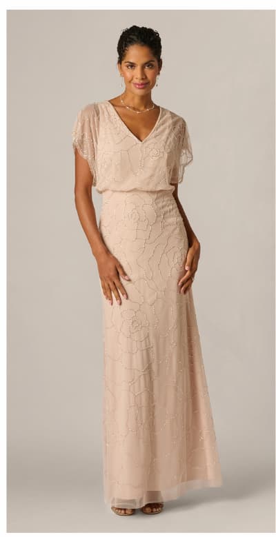 Short Sleeve Blouson Rose Floral Beaded Gown In Shell