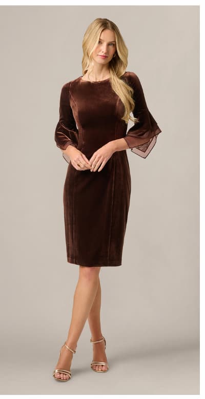 Velvet Sheath Dress With Tiered Three Quarter Sleeves In Dark Brown