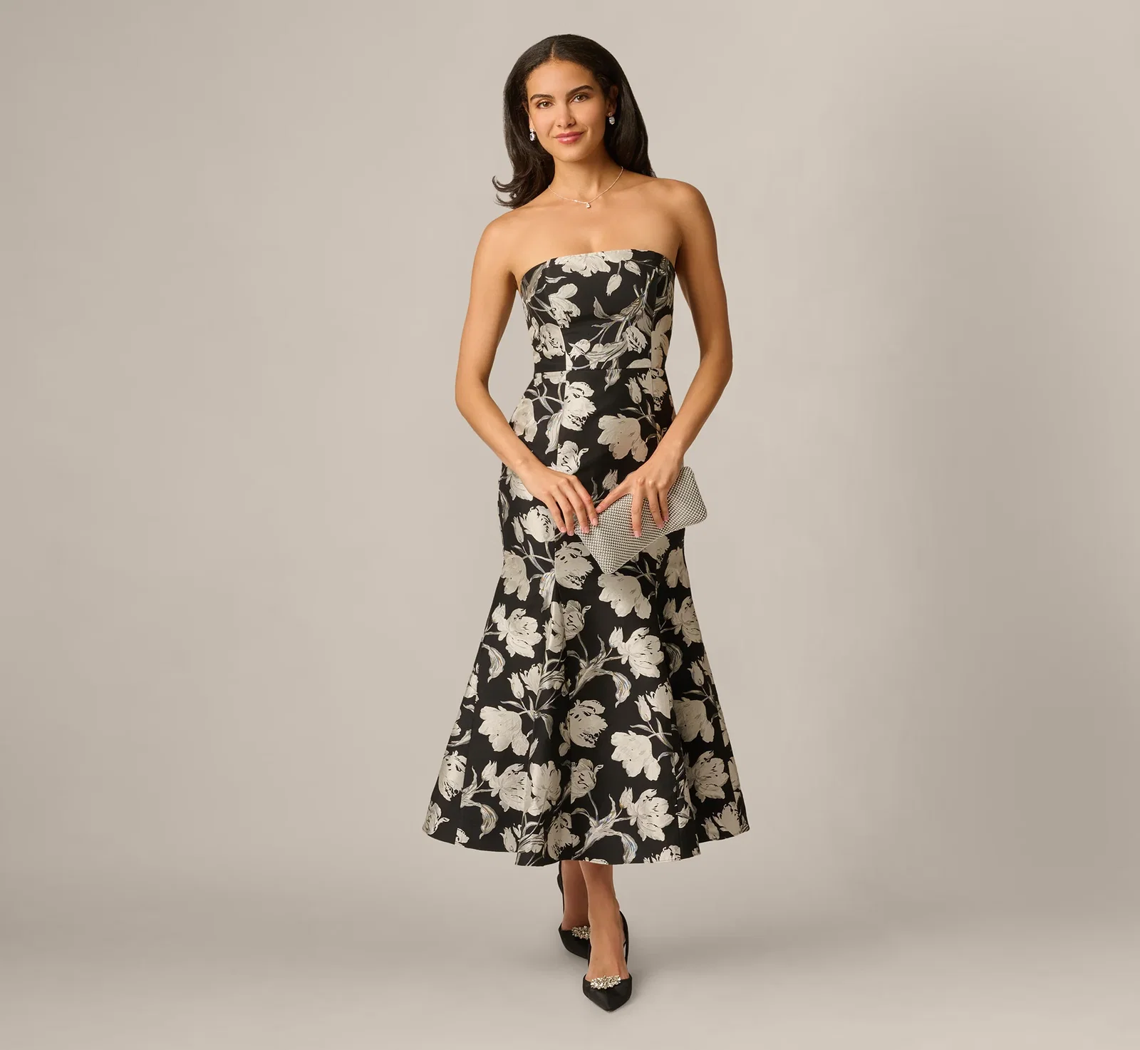 Image of Strapless Floral Jacquard Ankle Length Trumpet Dress In Black Ivory
