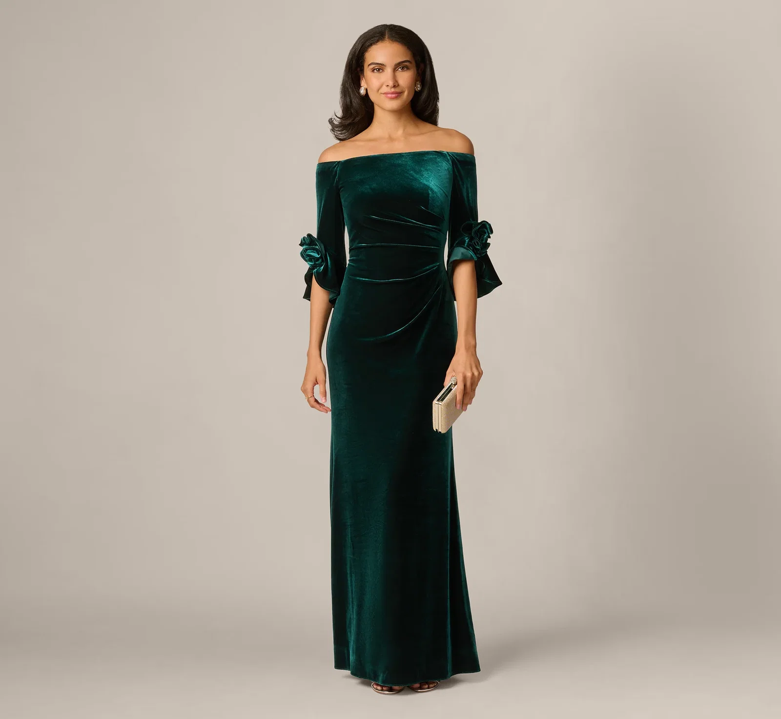 Image of Bell Sleeve Off Shoulder Stretch Velvet Rosette Gown In Hunter