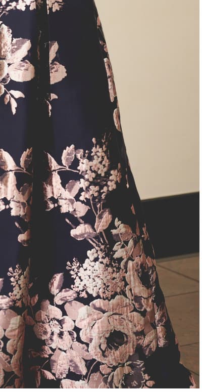 Off Shoulder Metallic Floral Jacquard Gown In Navy Blush
