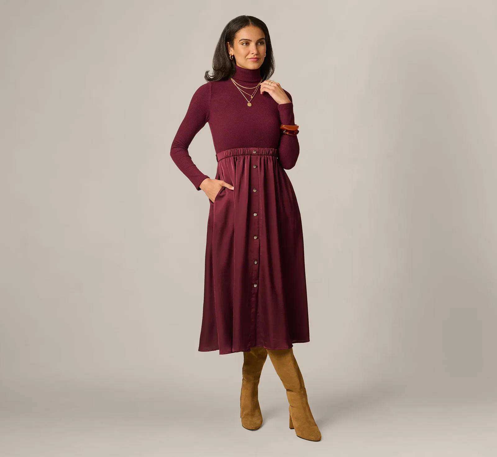 Image of Long Sleeve Satin Combo Amelia Midi Dress In Cherry Lacquer