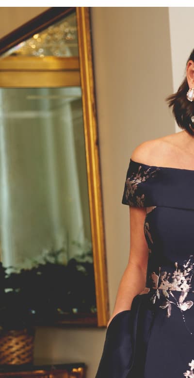 Off Shoulder Metallic Floral Jacquard Gown In Navy Blush
