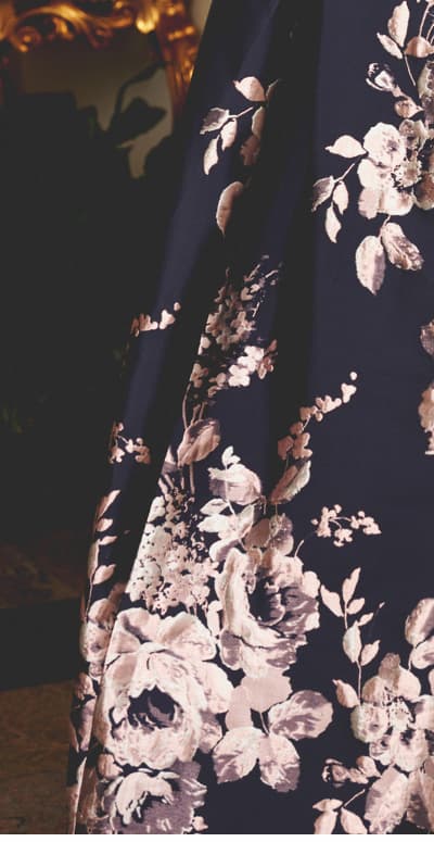 Off Shoulder Metallic Floral Jacquard Gown In Navy Blush