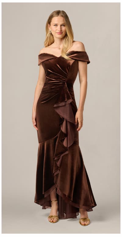 Off The Shoulder Velvet Mermaid Gown With Organza Ruffle In Dark Brown