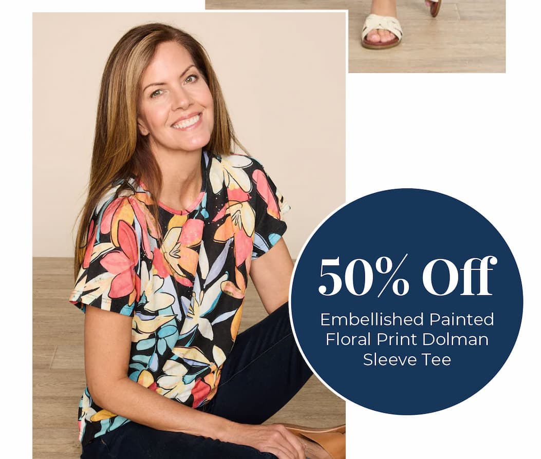 50% Off Embellished Painted Floral Print Dolman Sleeve Tee