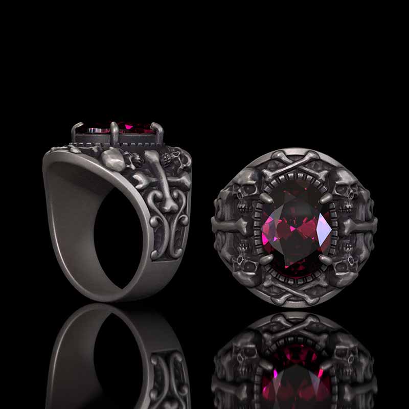 Image of Gothic Skull Crossbones Sterling Silver Gem Ring