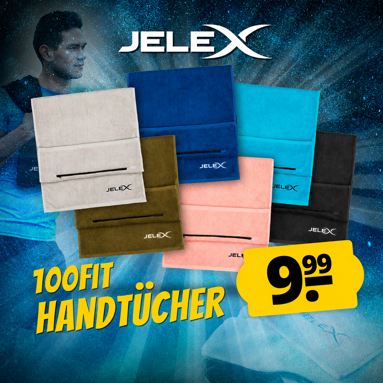 JELEX "100FIT" Fitness Handtuch mit Zip-Tasche