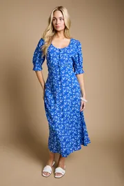 Floral Button Front Puff Sleeve Midi Dress