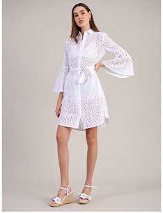 White Geometric Eyelet Lace Above the Knee Dress With Bell Sleeves