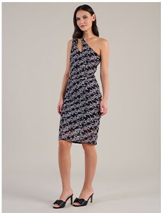Black Sheer Mesh Midi Dress With Black Polka Dot and White Leaf Pattern