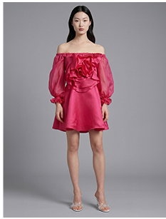 Fuchsia Off-the-Shoulder Silk Organza Dress With Large 3D Rose