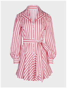 Pink & White Striped Mini Dress With Double Collar and Removable Tie Belt